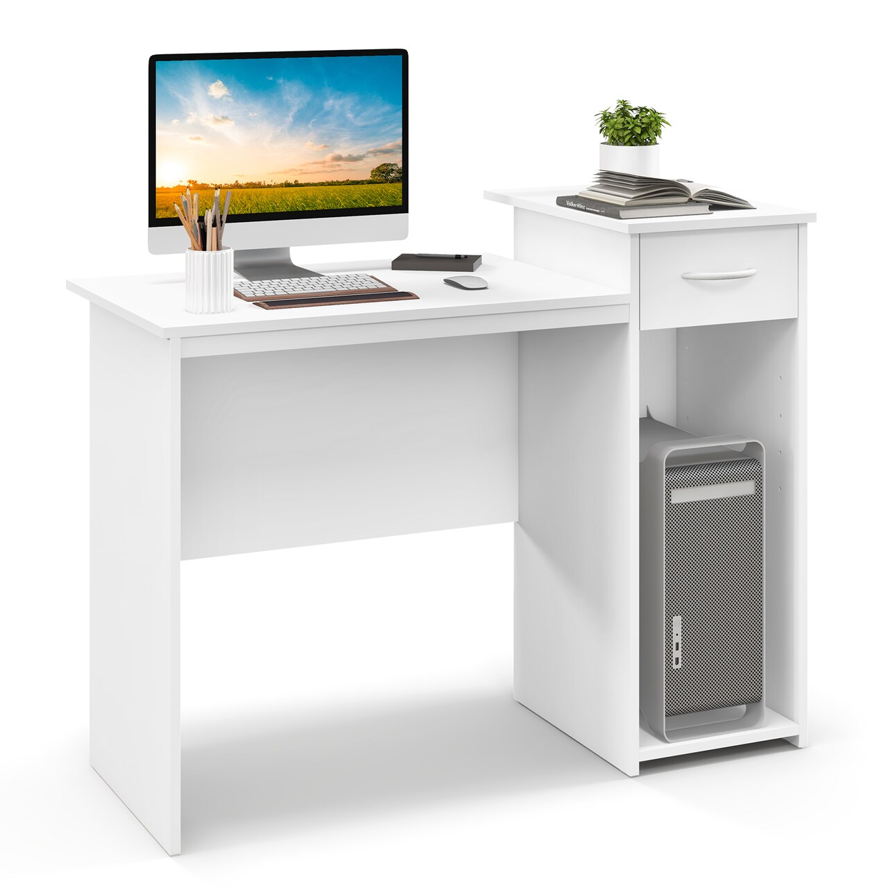 White Computer Desk with Drawer and Raised Shelf Adjustable Storage Workstation